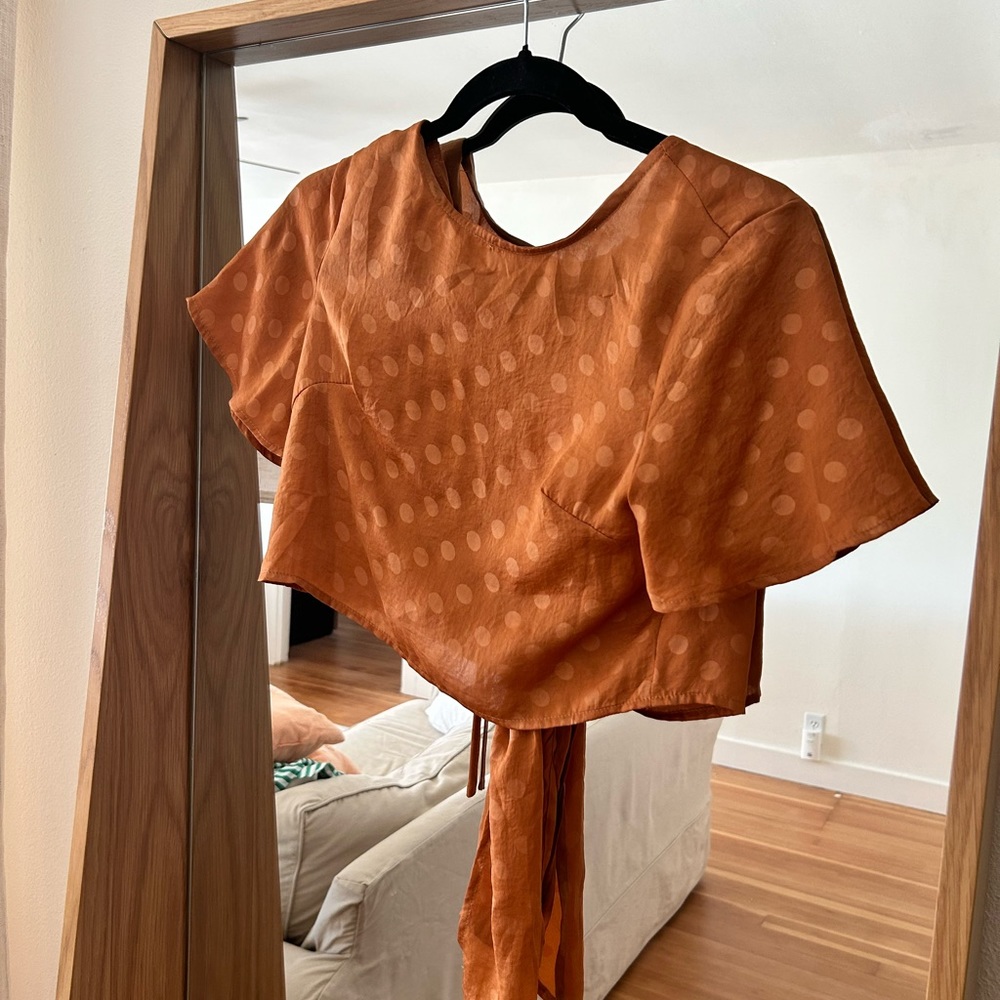 Burnt orange, Cropped polkadot, sheen, nasty gal, tie back shirt